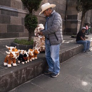Vender selling stuffed bulls in Puebla, Mexico