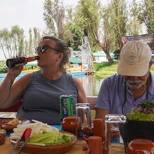 Tourists enjoy a special lunch at Xochimilco.