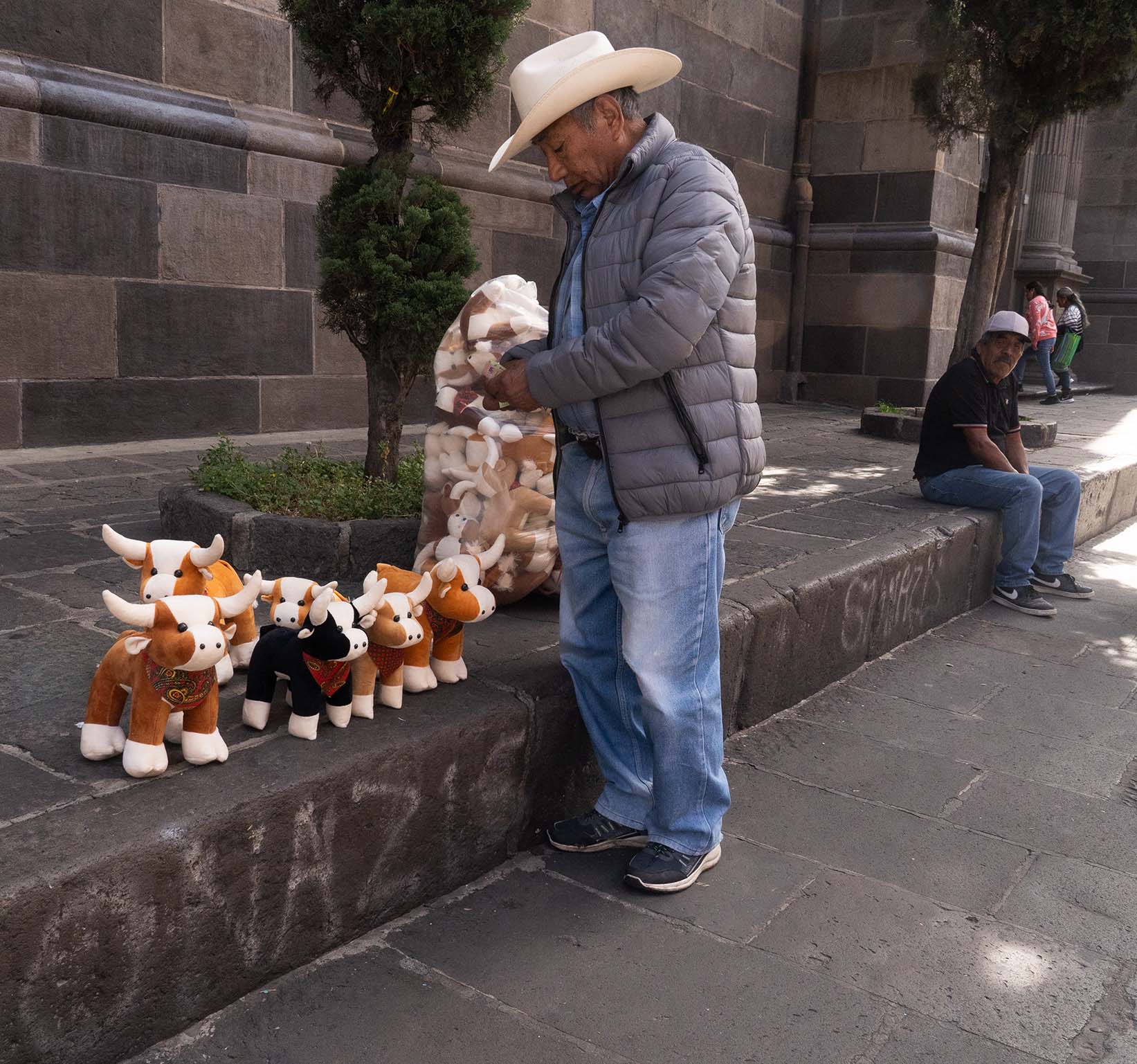 Vender selling stuffed bulls in Puebla, Mexico